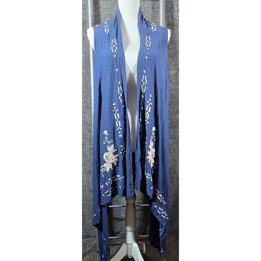Caite Blue Embroidered Open Front Longline Vest Sharkbite Hem Size M